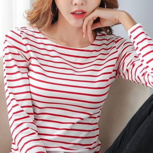 Tee Shirt Autumn Cotton T Shirt Women Loose O-Neck Tshirts Woman Clothes Striped Top Bottom Shirt Long-sleeved T-shirt 15642