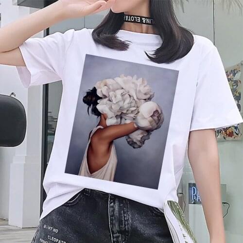 New Women harajuku white Tshirt vintage Flowers Feather Printing T shirt fashion round neck short sleeve casual Tops T-shirt