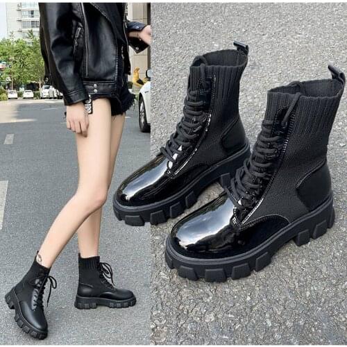 Woman Boots Casual Lace Up Gothic Combat Ankle Boot Woman Shoes Army Black Sock Platform Pu Leather Women Fashion Botas Mujer