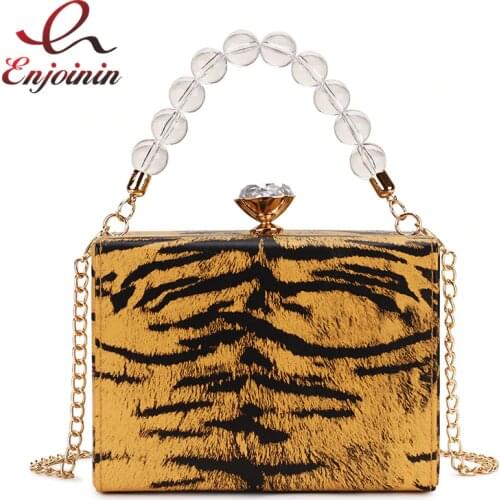 Zebra Pattern Pu Leather Box Style Transparent Beaded Ladies Party Handbag Chain Purse Shoulder Bag Women Totes Crossbody Bag