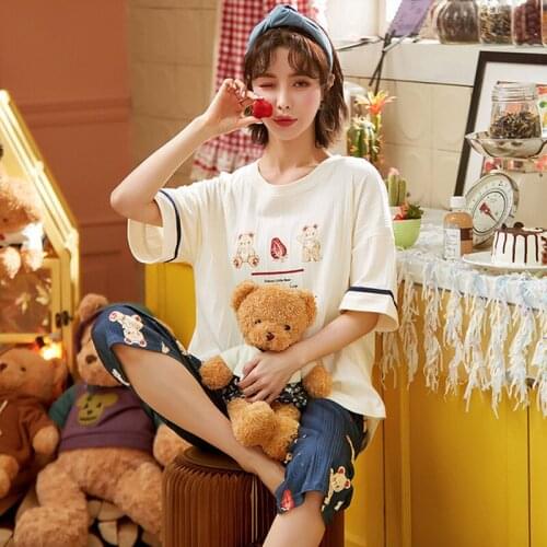 SLPBELY Women Pajamas Set Pyjamas Summer Cotton Cartoon Bear Pajamas Short Sleeve Casual Comfortable Homewear Sleepwear Pyjamas