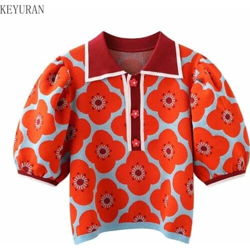 Womens Sweater Pullovers Jumper Short Sleeve Knit Top Summer 2021 Flower Jacquard Puff Sleeve Turn Down Collar Knitted Sweater