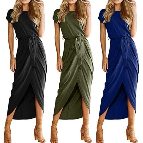 Womens Casual Short Sleeve Slit Solid Party Summer Long Maxi Dress Women All Match Irregular Hem Front Split Dress Sundress New