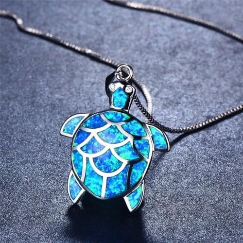Boho Female Blue Opal Turtle Necklaces Silver Plated Filled Wedding Necklaces Pendants for Women Fashion Animal Jewelry Gifts