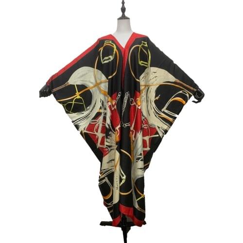 2021Saudi Arabi Sexy V-neck Orange Color Printed Silk Loose Kaftan Maxi Dress Free Size Bohemian Causal Party African Kaftan