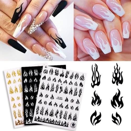 1 Sheet Fire Flaming 3D Nail Stickers Black White Adhesive Slider Nail Art Decals Nail Foils For Gel Polish Maincuring Wraps Tip
