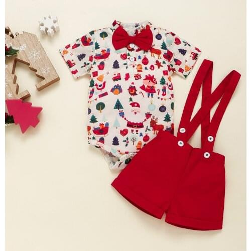 2Pcs Set INS Christmas Boys Bow Tie Gentleman Romper Suit With Suspender Pants Children New Year Clothing Shirt And Overall