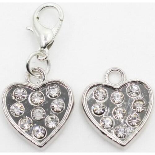 20pcs/lot Silver Crystal White Heart Dangle Charms Lobster Clasp Charms Diy Bracelets Bangles Jewelry Accessory Floating