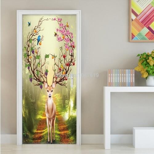 3D Wall Mural Modern Forest Animal Door Sticker Living Room Bedroom Home Decor Photo Wallpaper PVC Self-Adhesive Wall Sticker 3D