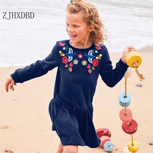 Girls Cute Print Pattern Floral Flower Dark Blue Layered Dresses 2020 Knee American Autumn Long-sleeved Dress for Girls Children