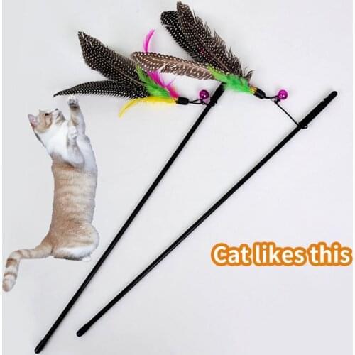 Pet Cat Teaser Toys Feather Linen Wand Cat Catcher Teaser Stick Cat Interactive Toys Wood Rod Feather Toy With Mini Bell