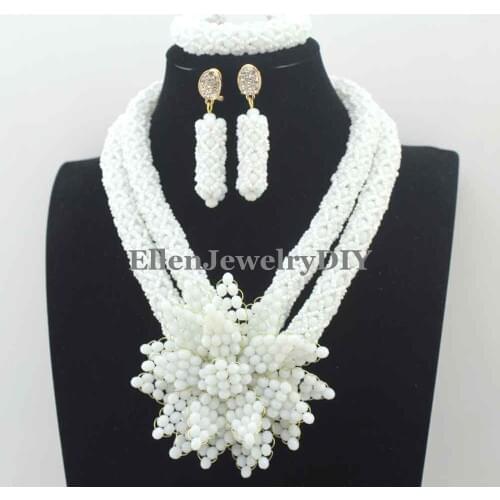 Fantastic White Crystal african beads jewelry Set Handmade Flower Pendant Wedding Nigerian wedding bridal Jewelry Set W13284