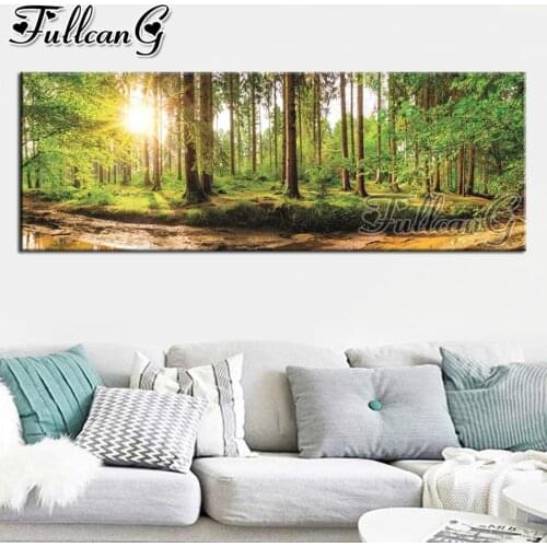 FULLCANG diy 5d full diamond embroidery green sunset forest landscape large mosaic painting needlework wall decoration FC2715
