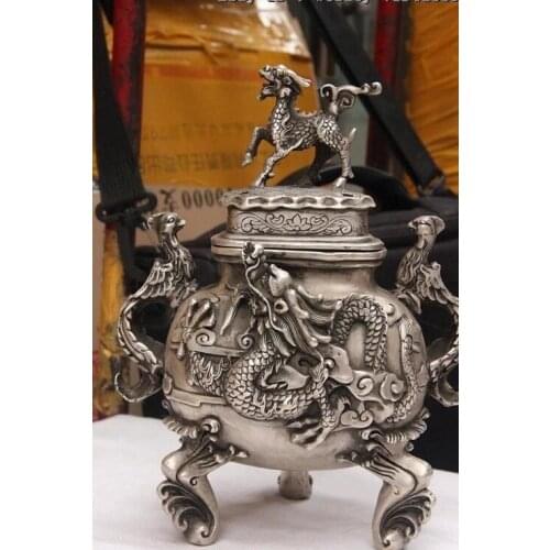 Chinese White Copper Silver Dragon Kylin Phoenix Elephant Incense Burner Censer