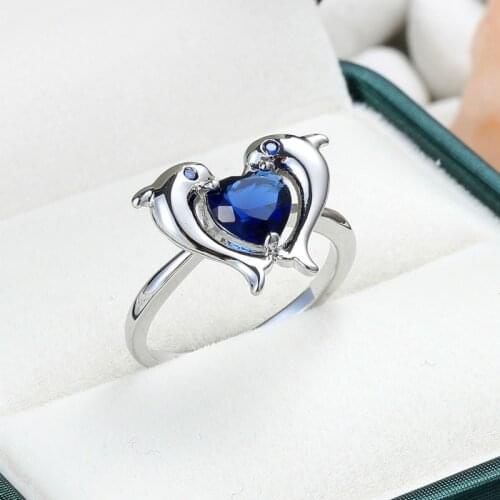 Classic Trendy Jewelry Heart Shaped Blue Zircon Dolphin Rings for Women Wedding Birthstone Bride Engagement Ring