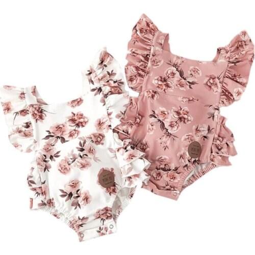 0-24M Baby Summer Clothing Newborn Baby Girls Flowers Ruffles Short Sleeve Bodysuit Floral Jumpsuits Headband 2Pcs Outfits