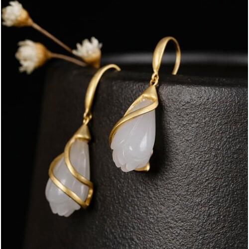 National retro wind and Tian bai magnolia earrings womens body S925 pure silver jade earrings high-level sense of gold