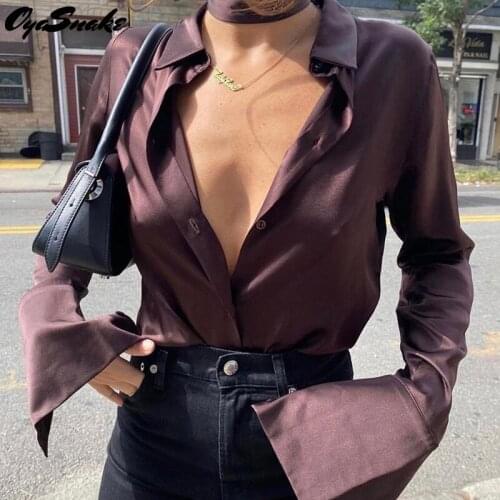Oyasnake New Hot 2021 Satin Tops Turn-Down Collar Long Sleeve Single Breasted Buttoon Solid Womens Blouse With Neckband
