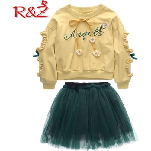 R&Z Girls Clothing Sets 2019 New Spring Cotton Sweet Decorative Flower Stitching T-shirt + Yarn Skirt 2pcs Suits for Kids 1a k1