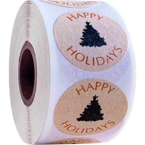 Christmas Stickers 500pcs/roll Inch Christmas Tags Happy Holidays with Single Black Tree Sticker Gift Stickers for Children