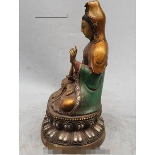 S02936 9" Chinese Buddhism Bronze Painted Seat Kwan-yin Guan Yin Goddess Vase Statue Sc