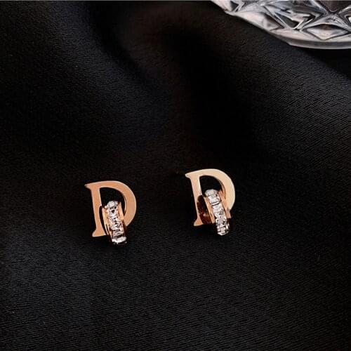 D Letters and Crystal Stud Earrings for Women Titanium Steel Brand Jewelry Earrings