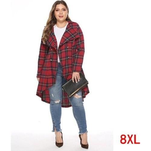 Plus size big 6XL 7XL 8XL bust 130cm large size womens plaid shirt jacket autumn and winter long-sleeved loose large size coat