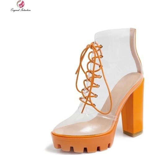 Original Intention Stylish Candy Color Concise Transparent Lace-up Ankle Boots Woman Square High Heels Platform Shoes Woman