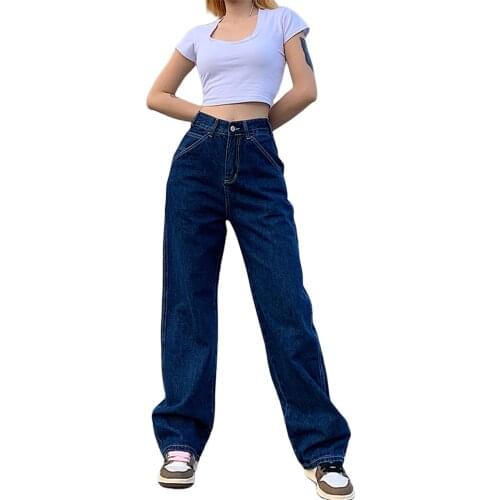 2021 New Women Casual Jeans, Dark Blue High Waist Straight-leg Long Pants with Pockets Fashion Joker, S/ M/ L/ XL
