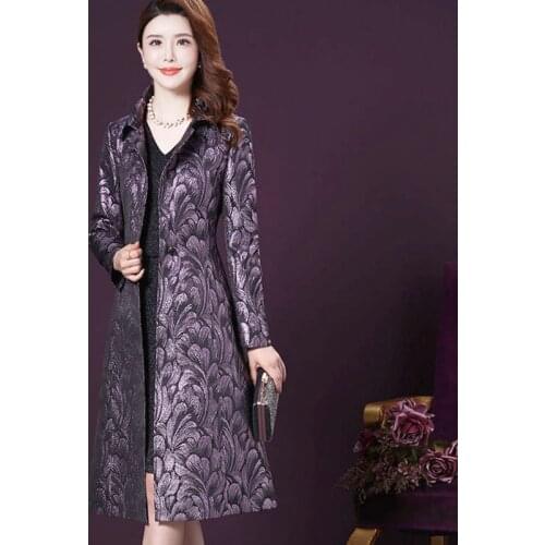 Spring Autumn Fashion Women Dobby Purple Blue Flower Glitter Trench Coat , Woman Overcoat , Female Womens Slim 4xl Long Coats