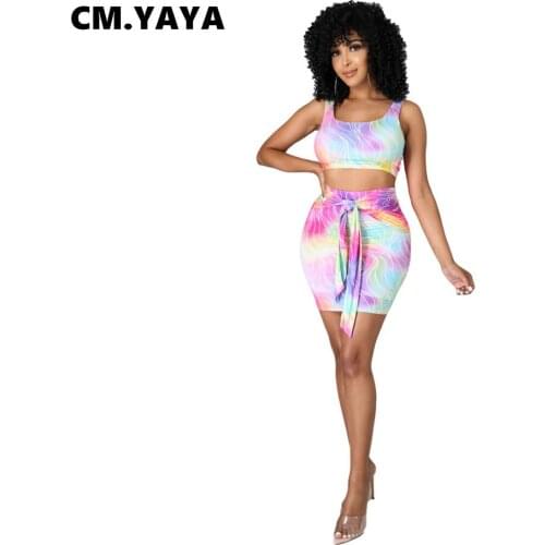 CM.YAYA Women Set Tie Dye Print Sleeveless Crop Tank Tops Strechy Shorts Bandage Two 2 Piece Set Active Tracksuit Summer Outfit