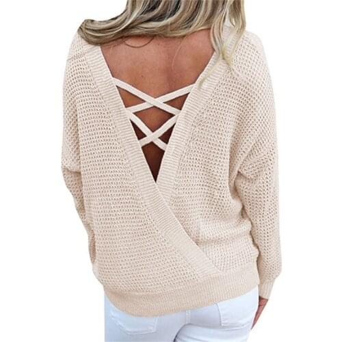 Womens Pullover Sweater Large Size V-neck Back Cross Long-Sleeved Sweater Autumn and Winter Solid Color Loose Harajuku Sweater