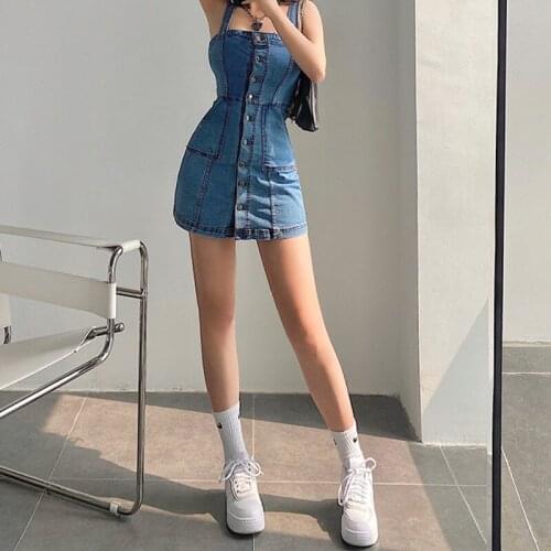 TVVOVVIN High Street Sleeveless Single Breasted Patchwork Pocket Denim Dress Women Sexy Package Hip Mini Tank Dresses FPJU
