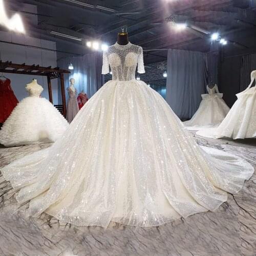 Luxurious High-neck Crystals Beading Sequined Pearls Full Top Wedding Dress 2021 For Woman Ball Gowns Sparkle Bridal Dresses
