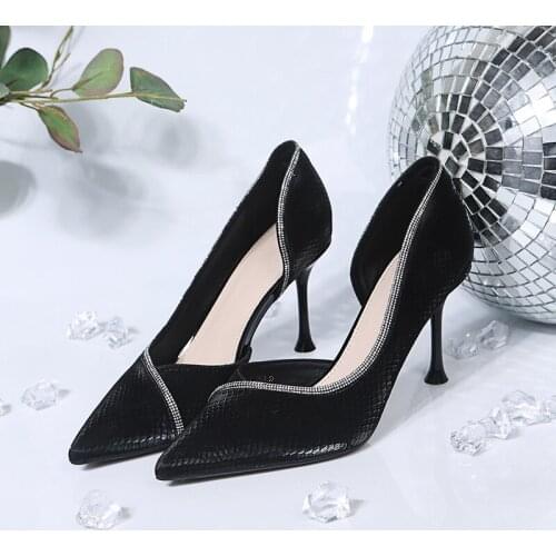 2021 Spring Summer New Shallow Rhinestone Pointed Toe Side Hollow Stiletto Elegant High Heels Wedding Party High Heels Pumps PU