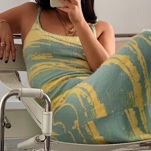 2021 Hollow Out Y2K Knit Dress Women Bodycon Summer Backless Off Shoulder Spaghetti Strap Party Beach Sexy Maxi Dresses Green