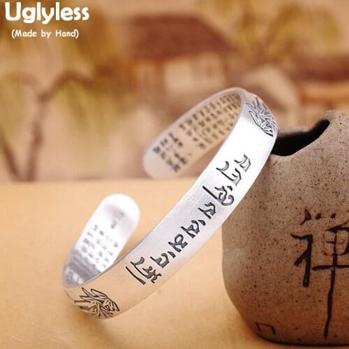 Uglyless Solid 990 Pure Silver Bamboo Bangles for Women Heart Sutra Buddhistic Open Bangle 10MM Thai Silver Mantra Jewelry BA598