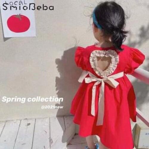 Infant 1-6 Years Baby Girls Red Dress Foreign Princess Short Lovely Pure Color Baby Big Bow Skirt Floral Hole Wedding Clothes