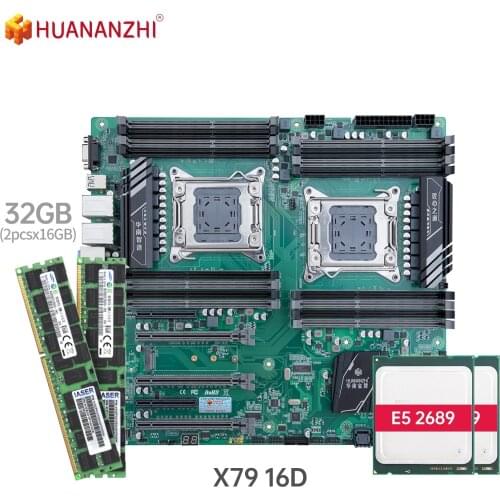 HUANANZHI X79 16D Dual X79 Motherboard with Intel XEON E5 2689*2 with 2*16G DDR3 RECC Memory Combo Kit Set NVME SATA USB3.0