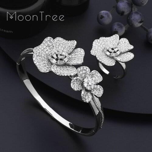 MoonTree Exclusive Super Luxury Floral Flower Blossom Cubic Zirconia Bangle Ring Set Nigerian Jewelry Set For Women