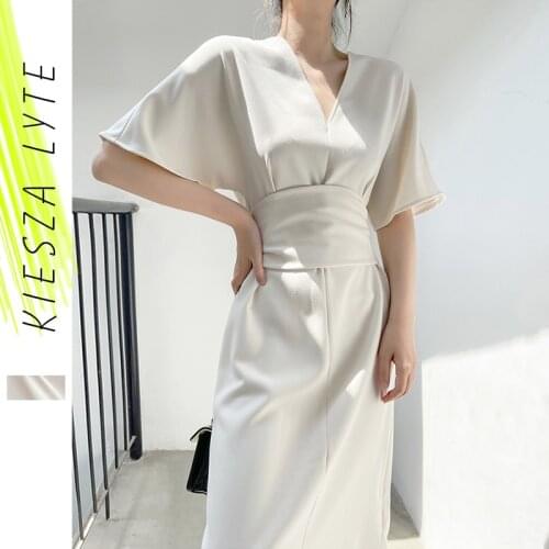 Elegant Summer Dress 2021 New Hepburn Style Bat Sleeve Bind Waist Midi French Dresses Runway Office Lady