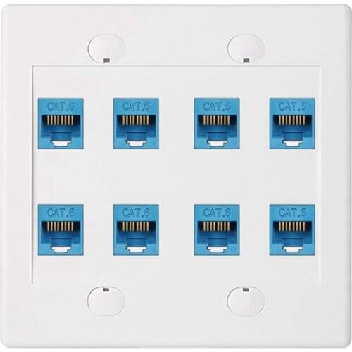 Ethernet Wall Plate 8 Port - Double Gang Cat6 RJ45 Keystone Jack Network Cable Faceplate Female to Female - Blue