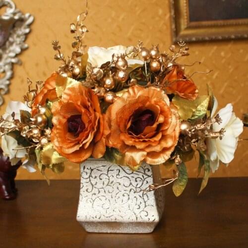 European Ceramic Vase+Artificial Flower Set Ornaments Home Livingroom Table Figurines Crafts Office Silk Fake Flower Decoration