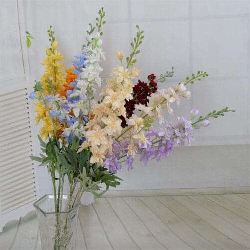 10Pcs Fake Flocking Delphinium (2 stems/piece) 33.46" Length Simulation Consolida Ajacis for Wedding Home Artificial Flowers