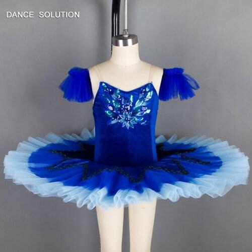 Royal Blue Stretch Velvet Top Ballet Tutu Pancake Dance Costumes for Girl & Women Ballerina Stage Performance Costumes BLL036