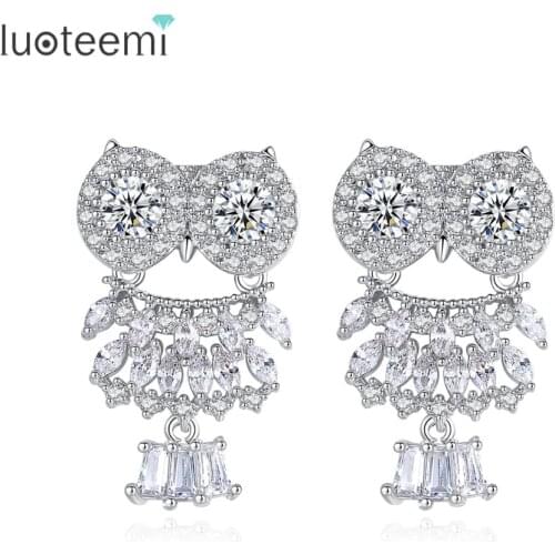 LUOTEEMI Brand Jewelry CZ Crystal Owl Stud Earrings For Women Vintage White Gold-Color Animal Statement Brincos for Girl Party