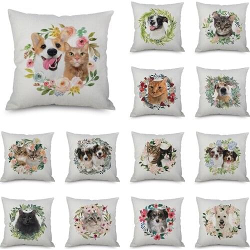Cute Pet Cushion Cover Pillow Dog Cat Floral Print Pillow Case Home Decor Office Living Room Sofa Throw Pillows Cover 45x45cm