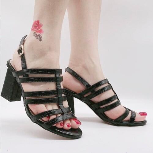 Fashion Black Multiple Straps Leather Sandals Trendy Minimalism High Heeled Shoes Women Pumps Square Heels Sandal