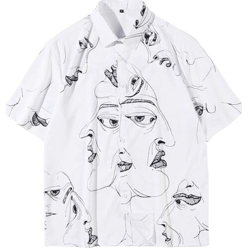 2020 New Arrival Loose Short Floral Shoulder White Head Print Cotton Casual Shirts Turn-down Collar Single Breasted Men Shirt