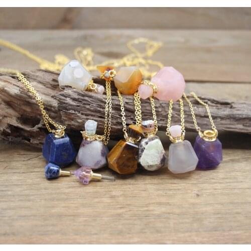 Faceted Sodalite Perfume Bottle Pendant Necklace Rose Quartzs Amethysts Essential Oil Vial Charms Women Fashion Jewelry QC1109